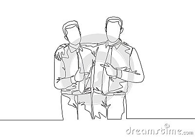 One single line drawing of young happy businessmen hugging each other to show support when meeting at the office Vector Illustration