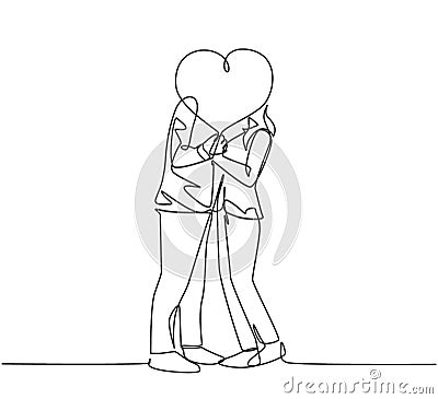 One single line drawing of young happy couple man and woman kissing and covered by heart shape balloon celebrating their marriage Vector Illustration