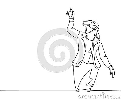 One single line drawing of young happy gamer business woman wearing virtual reality glasses and pointing finger. Smart technology Vector Illustration