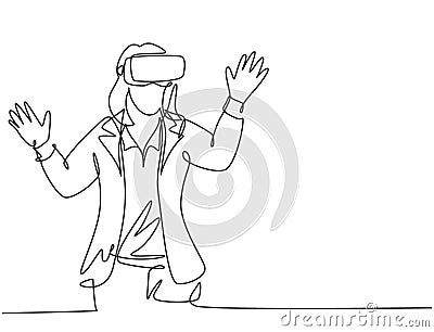 One single line drawing of young happy gamer business woman wearing virtual reality helmet and try to touch. Smart technology Vector Illustration