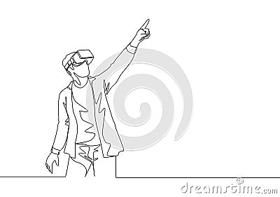 One single line drawing of young happy gamer businessman wearing virtual reality glasses and pointing finger. Smart technology Vector Illustration