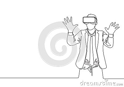 One single line drawing of young happy gamer businessman wearing virtual reality helmet and try to touch wall. Smart technology Vector Illustration