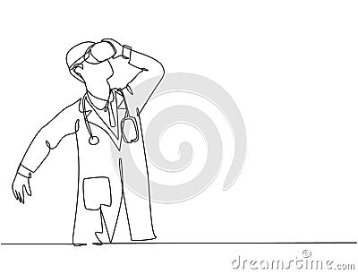 One single line drawing of young happy gamer male doctor playing virtual reality at the office. Smart technology futuristic game Stock Photo