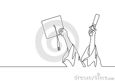 One single line drawing of young happy graduate college students lift up a graduation letter paper roll and cap Cartoon Illustration