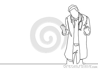 One single line drawing of young happy male doctor fist his hands to the air to celebrate his success find a new drugs Cartoon Illustration