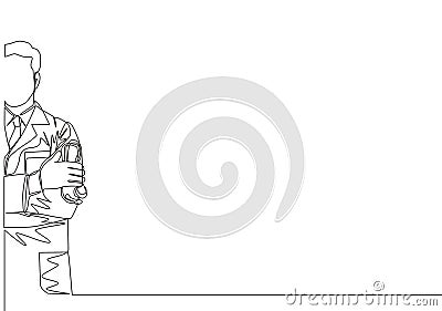 One single line drawing of young happy male doctor pose standing while hold a stethoscope and cross hands on chest Vector Illustration