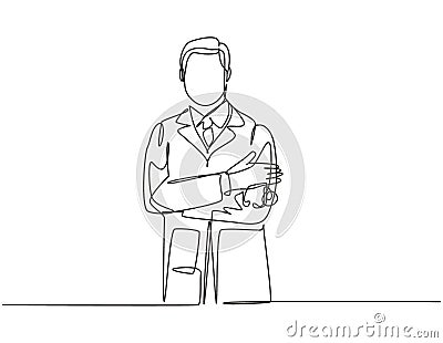 One single line drawing of young happy male doctor pose standing while hold a stethoscope and cross hands on chest. Medical Vector Illustration