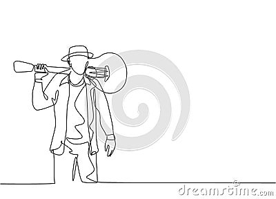 One single line drawing of young happy male guitarist standing while put the guitar on his shoulder. Trendy musician artist Vector Illustration