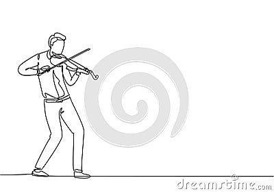 One single line drawing of young happy male violinist performing to play violin on music concert. Musician artist performance Vector Illustration