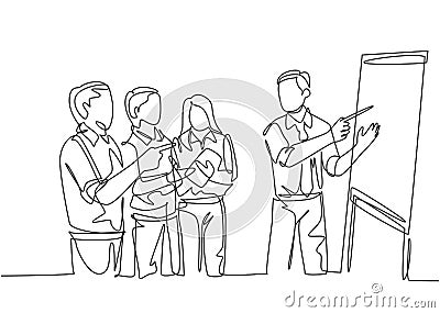 One single line drawing of young happy manager giving presentation about increasing product sales to his team at the office. Group Vector Illustration