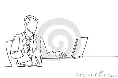 One single line drawing of young happy manager typing on a laptop keyboard while holding a cup of coffee on his hand. Drinking tea Cartoon Illustration