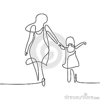 One single line drawing of young happy mom holding her daughter. A mother playing together with her child at home isolated on Vector Illustration