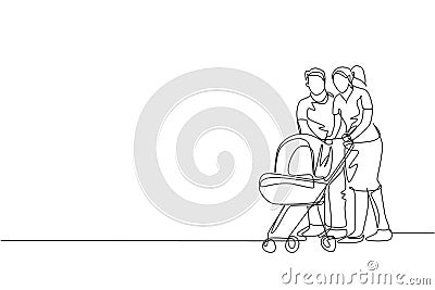 One single line drawing of young happy mother and father pushing baby trolley together ah outdoor park graphic vector illustration Vector Illustration
