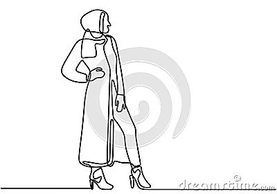 One single line drawing of young happy muslimah girl with head scarf pose. Young happy pretty women model in trendy hijab fashion Vector Illustration