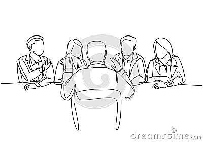 One single line drawing of young interviewee being interviewed by some company managers for job vacancy. Job interview process Vector Illustration