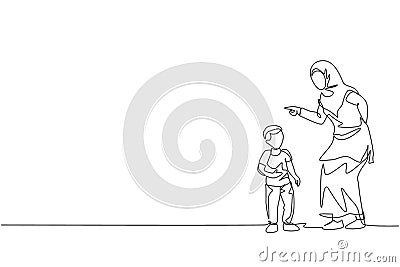 One single line drawing of young Islamic mother talk to her son and reprimand about his attitude vector illustration. Happy Cartoon Illustration