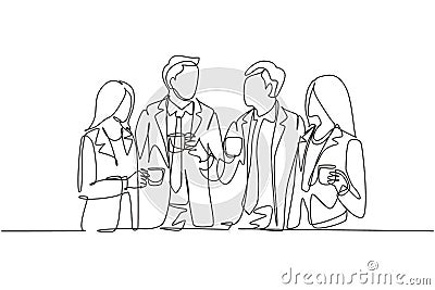 One single line drawing of young male and female office employees discussion together while office break time. Business talk Vector Illustration