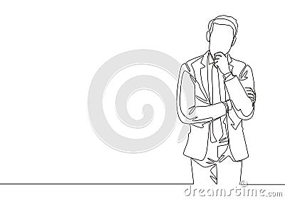 One single line drawing of young male manager focus thinking solution for company problems at the office. Solution strategy Cartoon Illustration