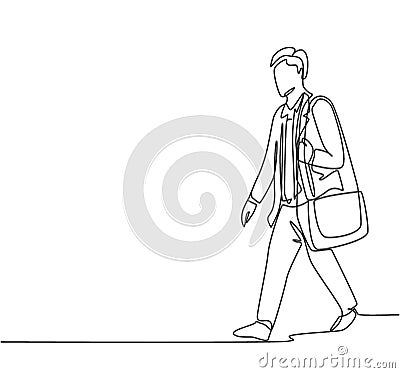 One single line drawing of young male manager walking relax on city street to go to the office while holding document. Urban Vector Illustration