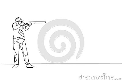 One single line drawing of young man practicing to shot target in range on shooting training ground vector illustration graphic. Vector Illustration