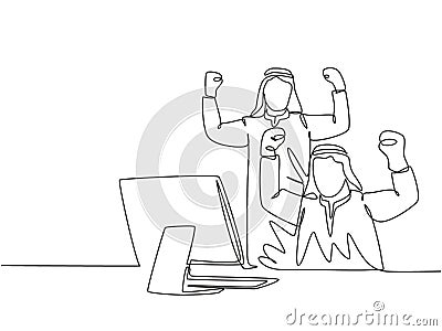 One single line drawing of young muslim marketer celebrate the increase product sales. Saudi Arabian businessmen with shmag, Vector Illustration