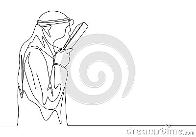 One single line drawing of young muslim person kissing Quran in shmag traditional Arab cloth. Islamic holy day Eid Mubarak Vector Illustration