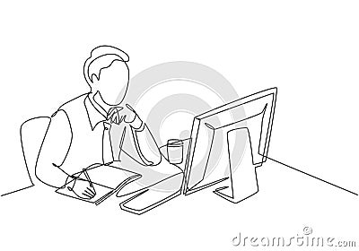 One single line drawing of young pensive businessman sitting and watching computer screen to analyze data company. Business Cartoon Illustration