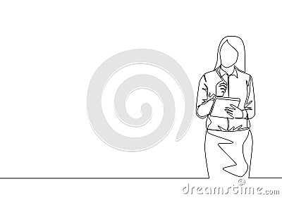 One single line drawing of young pensive female manager standing and thinking business strategy to company. Sales marketing Vector Illustration