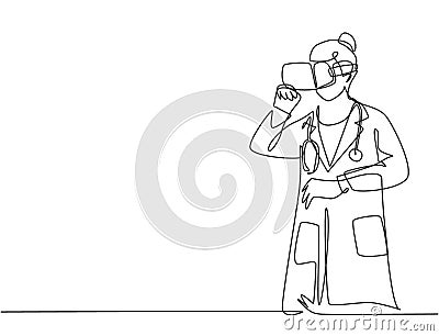 One single line drawing of young serious female doctor thinking pensively watching visual from virtual reality. Smart technology Cartoon Illustration