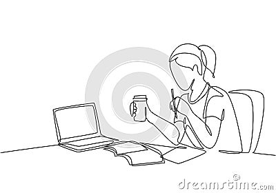 One single line drawing of young serious female employee sitting pensively on her work chair while staring at computer. Thinking Cartoon Illustration