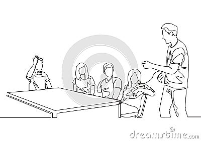 One single line drawing of young startup CEO lead the company gathering and meeting with his team members at the office. Business Vector Illustration