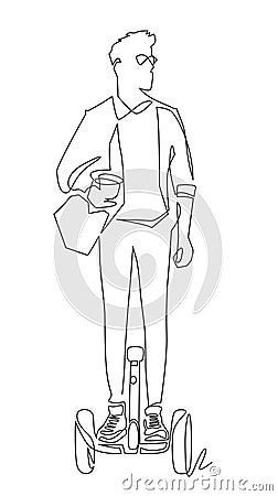 One single line drawing of young stylish man riding electric segway at city park vector illustration. Future transport Vector Illustration