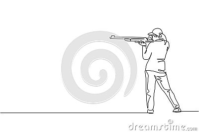 One single line drawing young woman practicing to shot target in range on shooting training ground vector graphic illustration. Vector Illustration