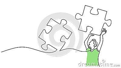 One single line of man lifting puzzle isolated on white background Stock Photo