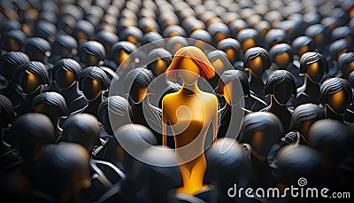 One Single Orange-Yellow Human Shape Among a Large Group of Black Ones - Generative Ai Stock Photo