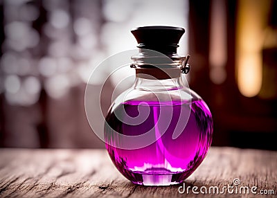 One single round transparent glass bottle of a purple potion mix, fantasy elixir, love potion or perfume on a wooden table, Stock Photo