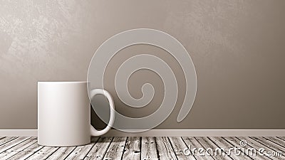 White Mug on Wooden Floor Against Wall Stock Photo