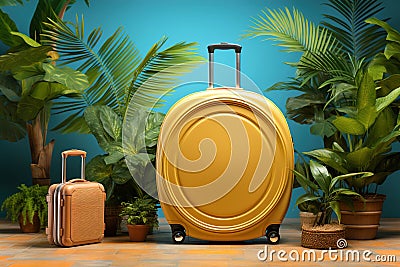 One small and one big Yellow suitcase. Copy space circle. Potted plants. Minimalist touristic concept Stock Photo