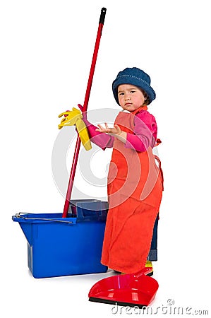 One small little girl cleaning with mop. Stock Photo