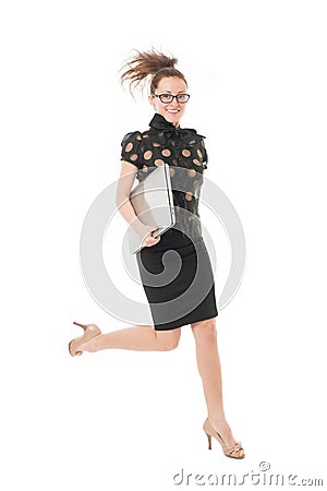 One step ahead. Hurry up. Inspiring innovations. Business lady inspired feel powerful. Girl inspired hold laptop jump Stock Photo