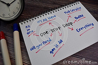 One-Stop Shop text with keywords on a book. Chart or mechanism concept Stock Photo