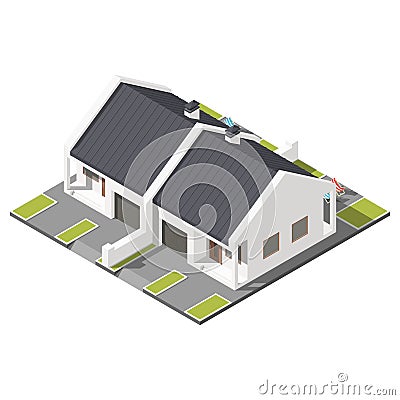 One storey connected cottage with slant roof for two families isometric icon set Vector Illustration