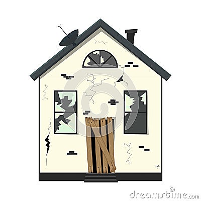One-story old dilapidated house before renovation. Cartoon style. Vector illustration. Cartoon Illustration