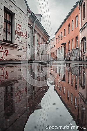 Water reflection in old town of Kaunas Stock Photo