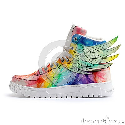 One stylish colorful sneaker with wing isolated on white. Creative shoe design, rainbow colors Stock Photo