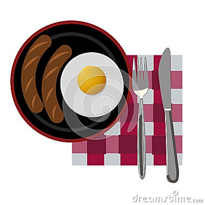 One sunnyside egg and two sausages on the plate for breakfast. A fork and a knife on the side. Isolated. Cartoon Illustration