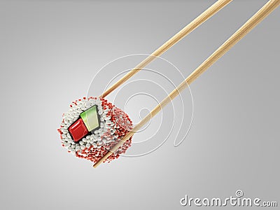 One sushi roll on sushi sticks 3d render on grey gradient Stock Photo