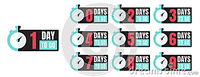 One-ten days to go blue, white, red, black promotion vector badges with a timer isolated on white. Countdown left days Vector Illustration