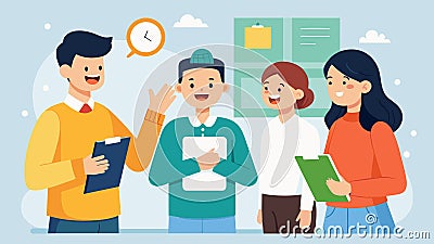 One trainee practices introducing themselves in the local language while others listen and offer corrections and Vector Illustration