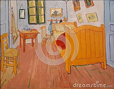 Photo of the famous original painting: `The Bedroom` by Vincent Van Gogh. Frameless. Editorial Stock Photo
